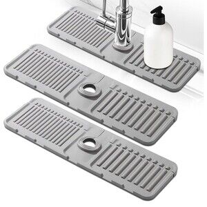 2pc Silicone Sink Splash Guard Mat 15" Sloped Faucet Water Guard Drip Trey -Grey